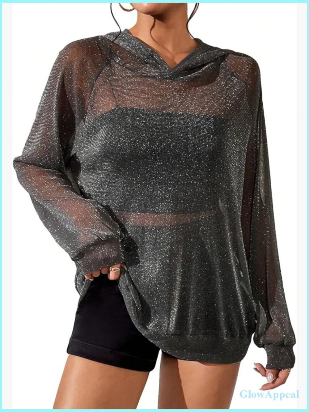 Glitter Sheer Mesh Oversized Hoodie Sweatshirt Long Sleeve Pullover